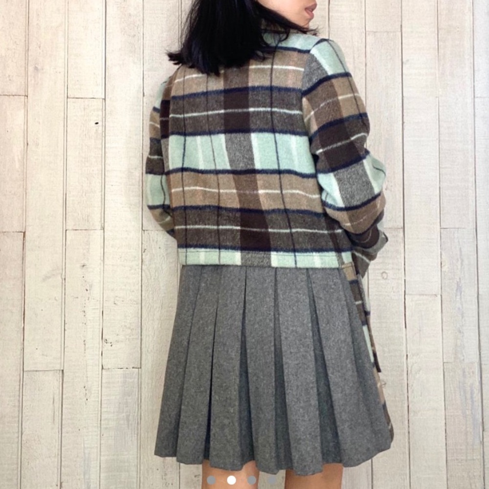 Vintage Plaid Peacoat with Pleated Skirt Detail
